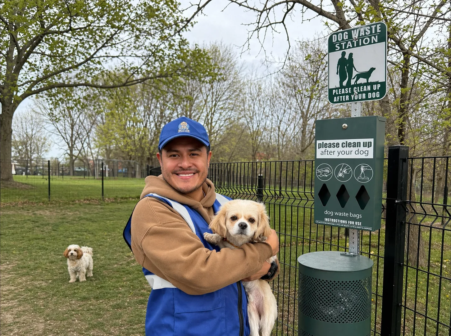 Paws and Scoops team member holding a dog beside a commercial dog waste station
