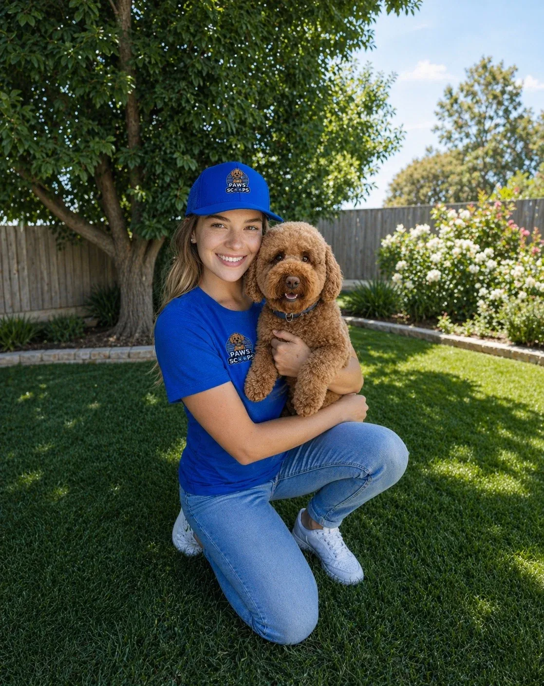Paws and Scoops team member holding a dog in a clean yard