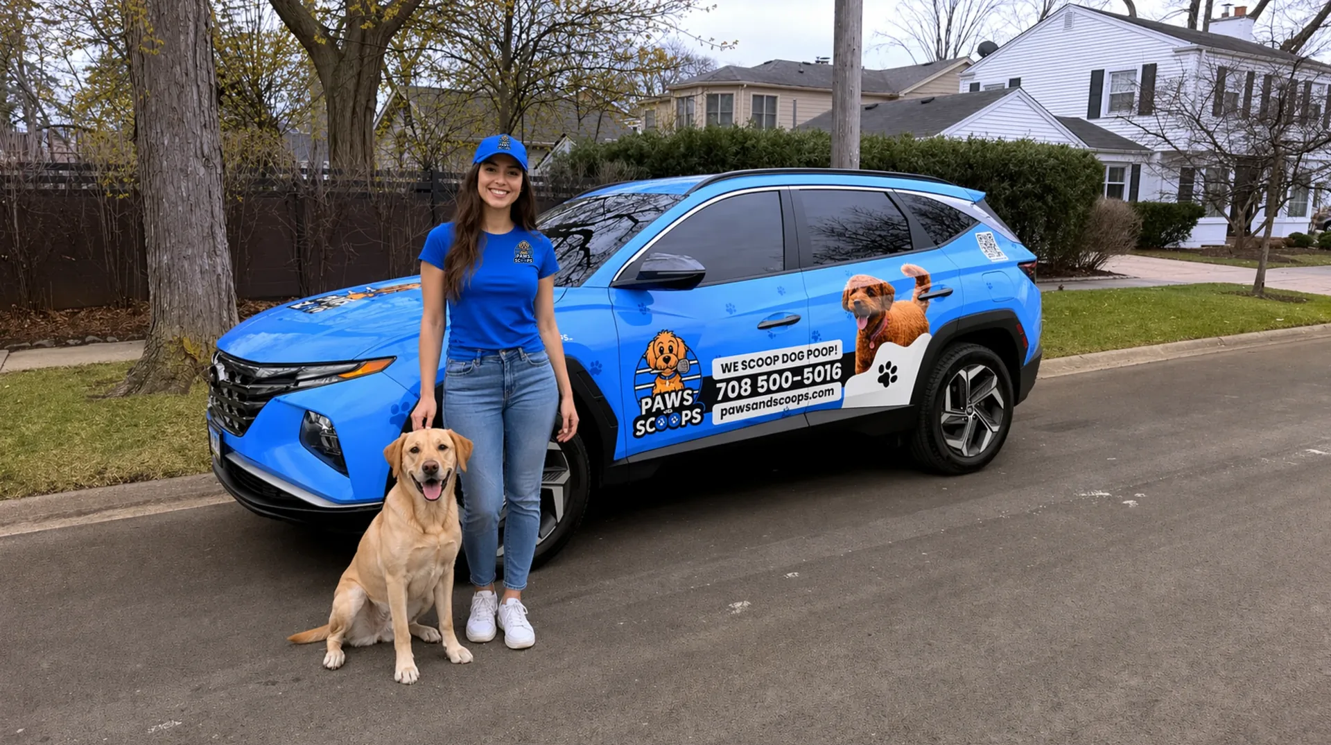 Paws and Scoops service team with branded vehicle and dog