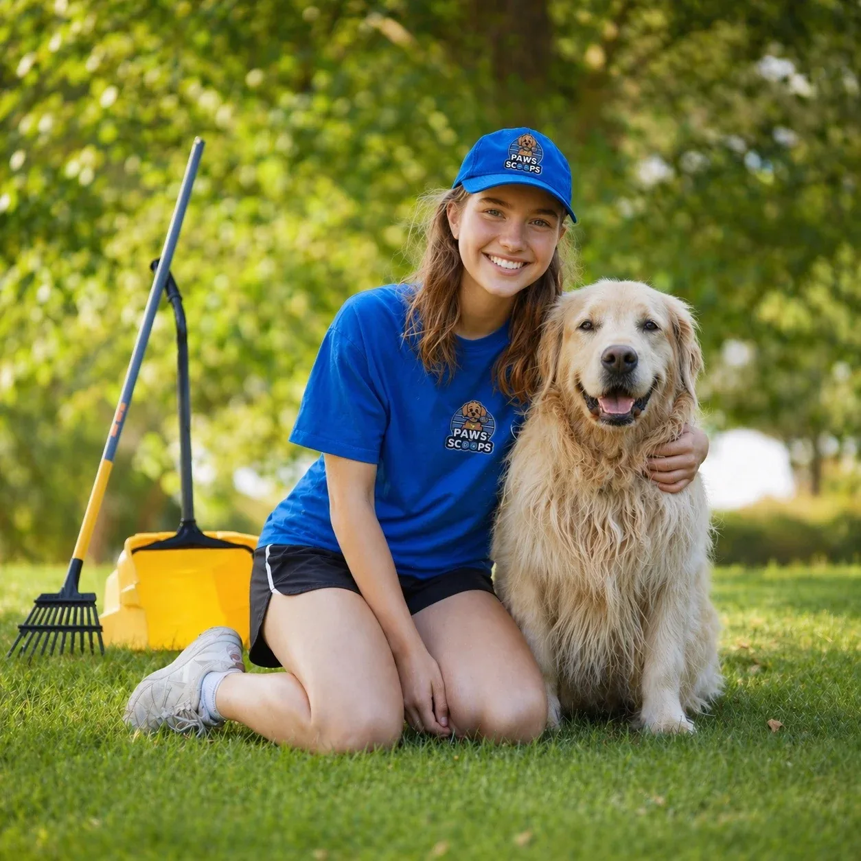 Paws and Scoops team member with dog in a residential yard